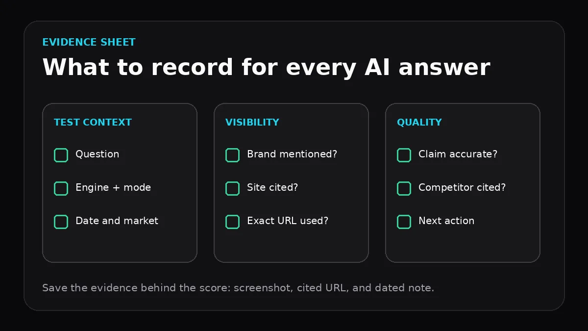 AI citation evidence sheet with fields for test context, visibility outcomes, answer quality, cited URL, and next action