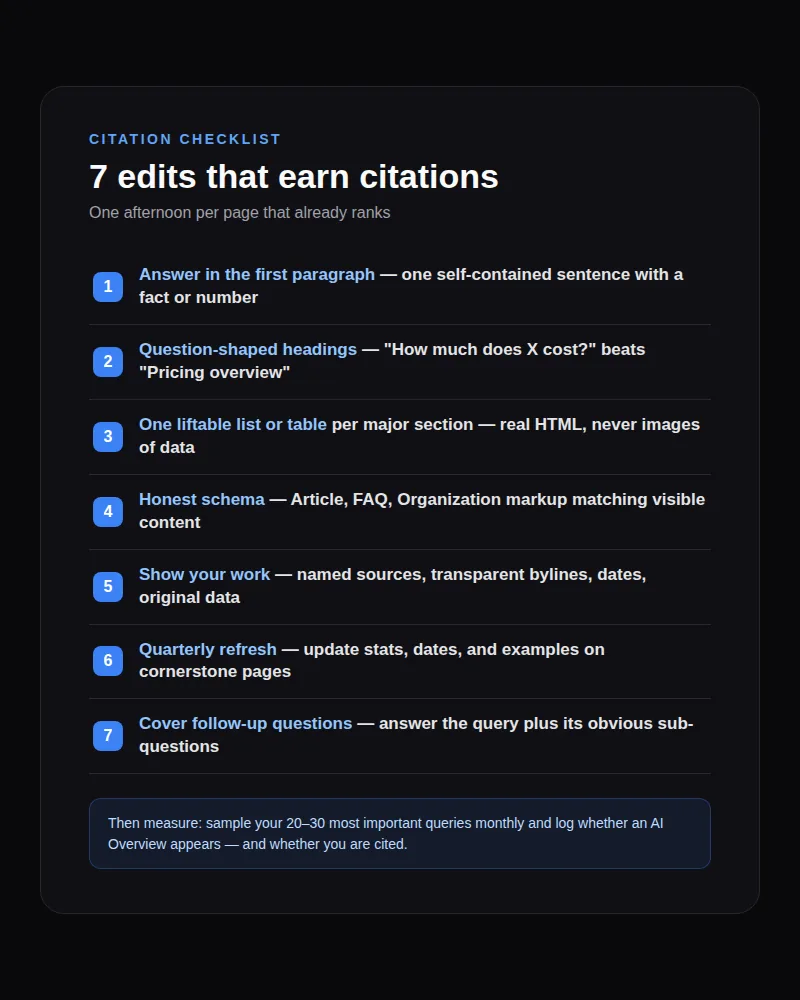 Seven step checklist for earning AI Overview citations: answer in the first paragraph, question headings, liftable lists and tables, honest schema, transparent sources, quarterly refreshes, and follow-up question coverage