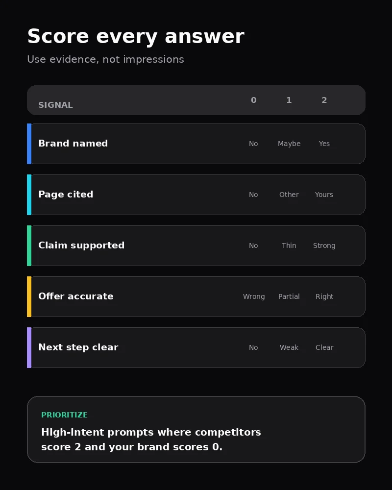 AI search answer scorecard with brand, citation, evidence, accuracy, and next-step signals rated from zero to two