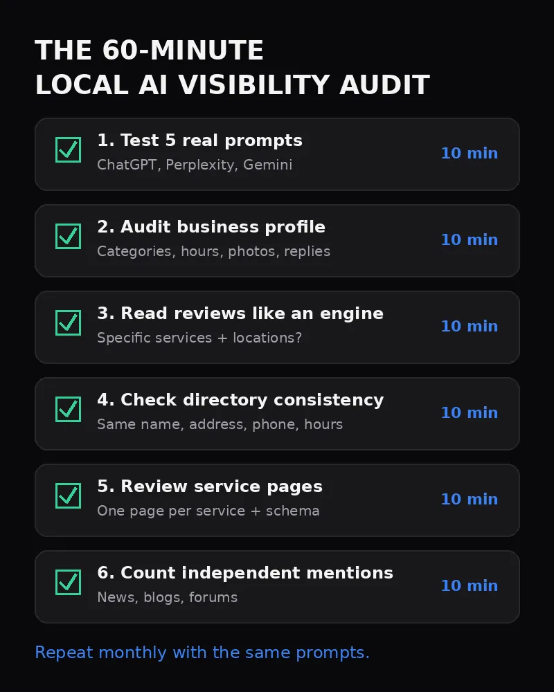 Six-step local AI visibility audit checklist covering prompt testing, business profile, reviews, directories, website pages, and mentions
