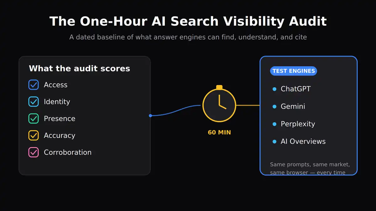 Checklist card beside a stopwatch showing the one-hour AI search visibility audit flowing into ChatGPT, Gemini, Perplexity, and AI Overviews