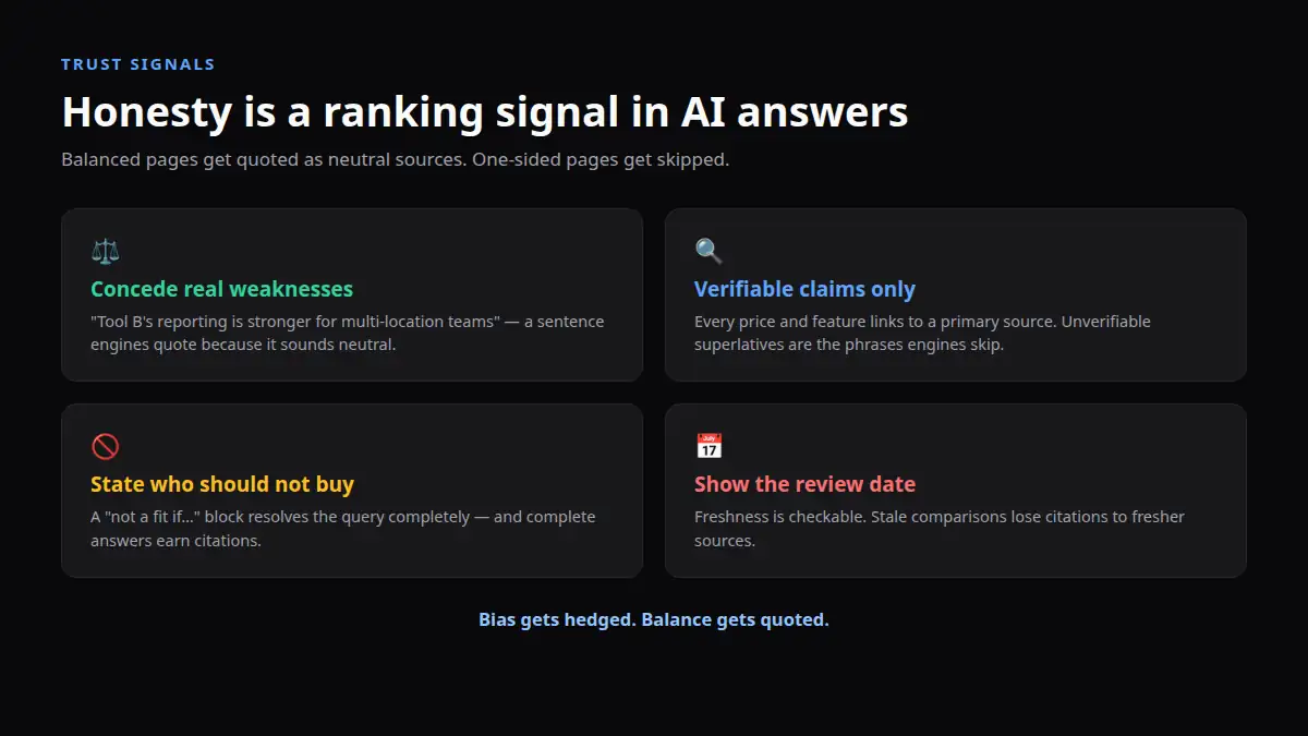 Four honesty signals that make comparison pages citable: conceded weaknesses, verifiable claims, not-a-fit statements, and visible review dates