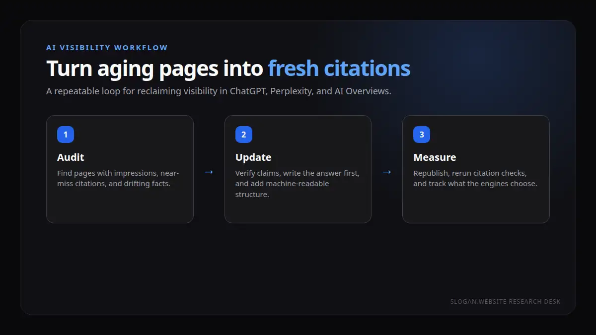 Content refresh loop showing an aging page moving through audit, update, and publish stages back into AI answer citations