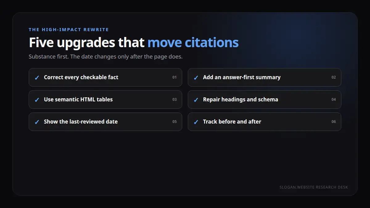 Checklist for an AI-visibility content refresh: current facts, answer-first summary, semantic tables, structured data, and a visible review date