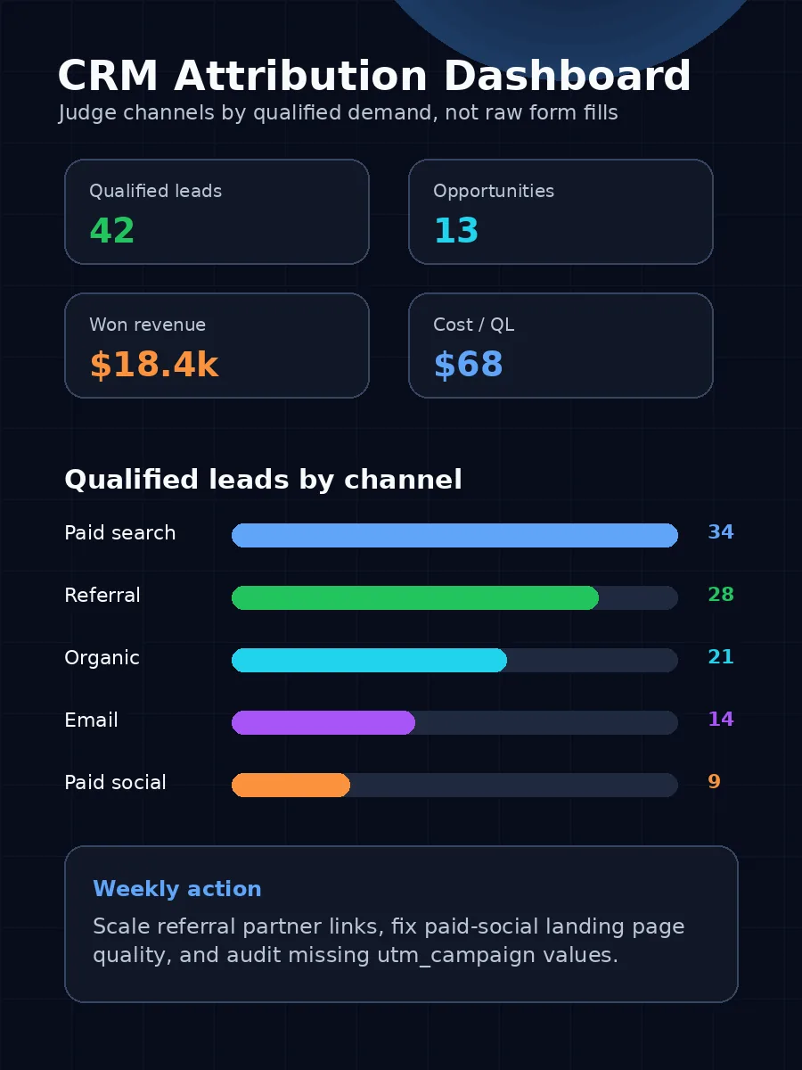 CRM attribution dashboard showing qualified leads, opportunities, revenue and cost per qualified lead by channel
