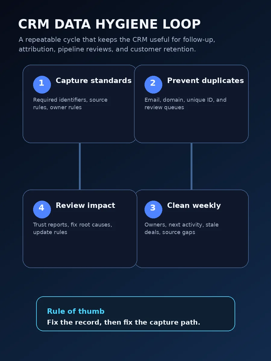 CRM data hygiene loop for small businesses from capture standards to duplicate prevention, cleanup, reporting and review