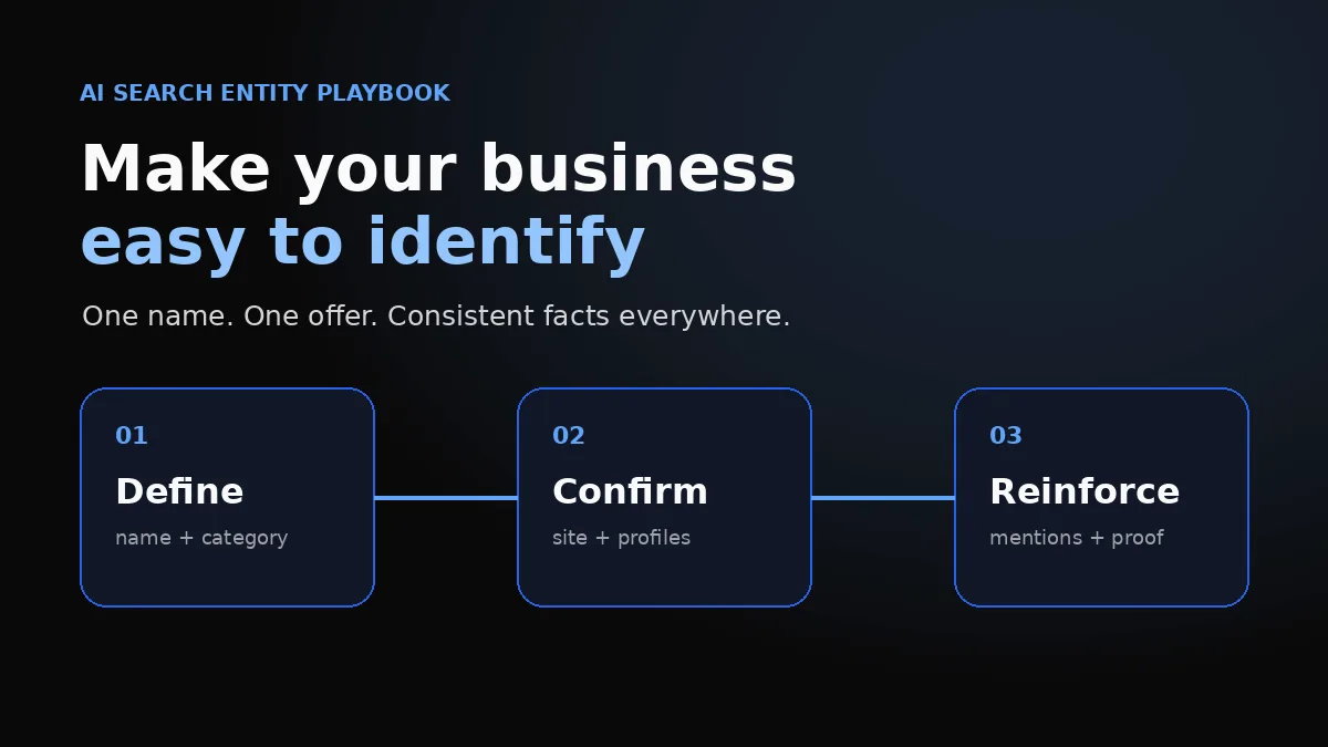 Entity SEO playbook for defining, confirming, and reinforcing a small-business identity in AI search