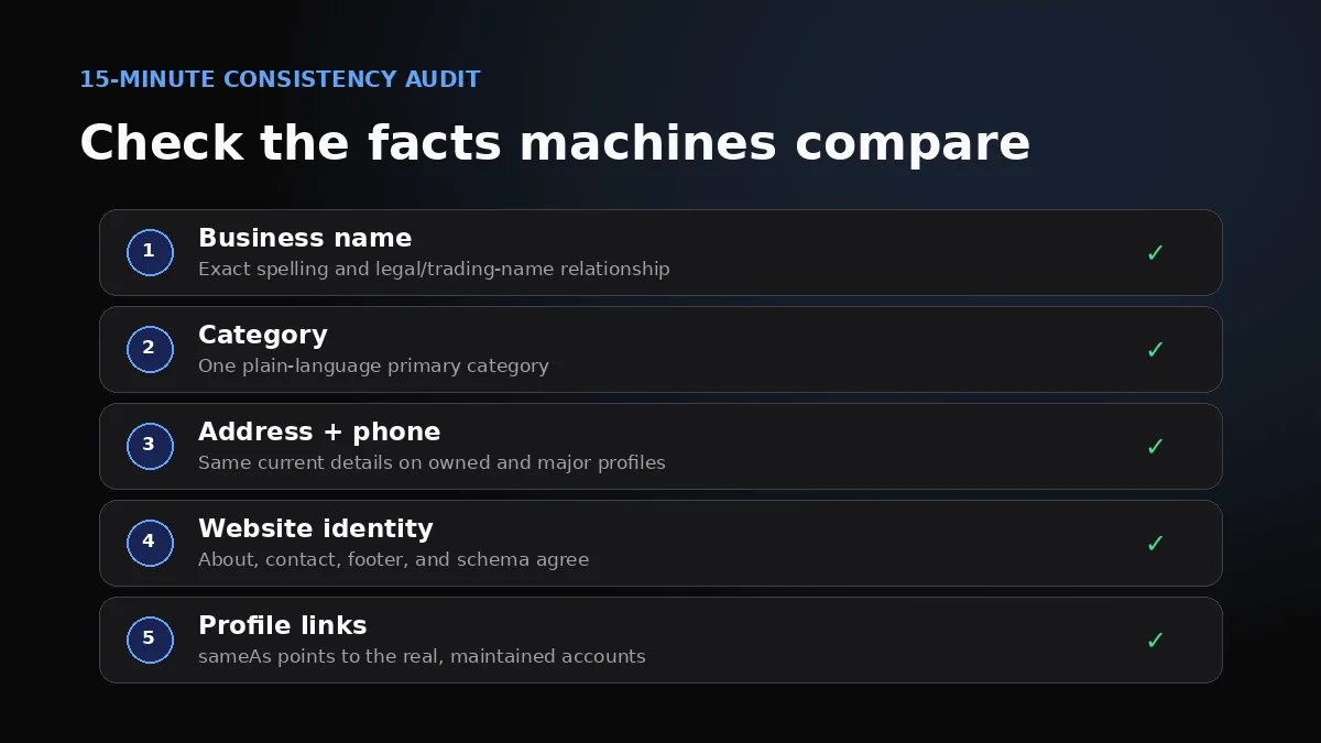 Five-point entity consistency audit covering business name, category, contact details, website identity, and official profile links
