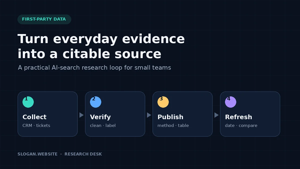 Four-step first-party data workflow for collecting, verifying, publishing, and refreshing evidence for AI search