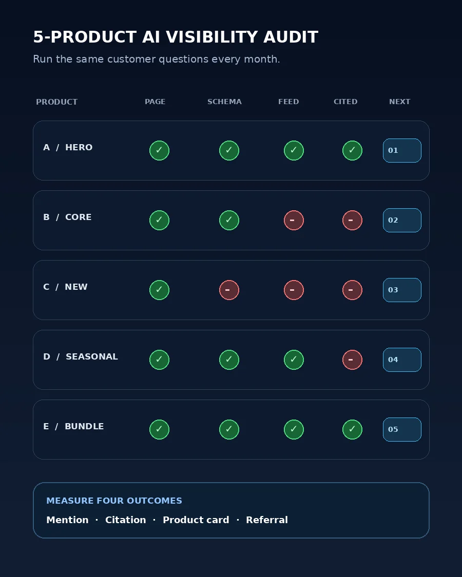 Monthly AI visibility scorecard tracking five products across crawlability, schema, feed accuracy, citations, product cards, and referrals