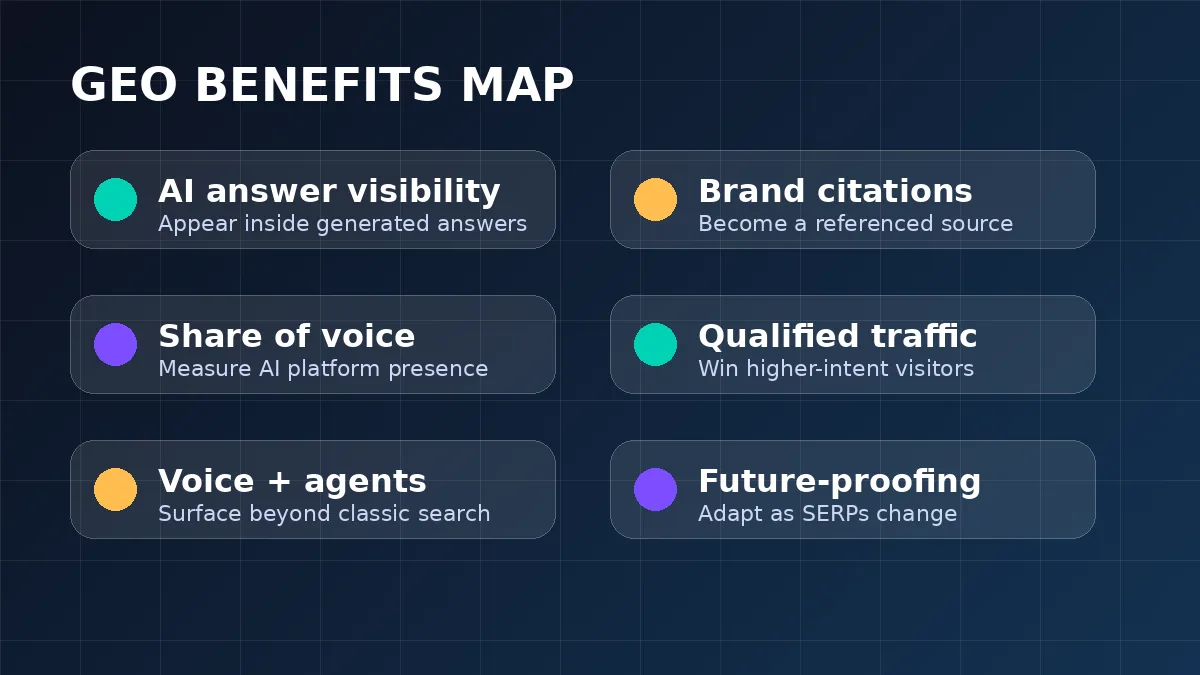 GEO benefits map showing AI answer visibility, brand citations, share of voice, qualified traffic, voice and agent visibility, and future proofing