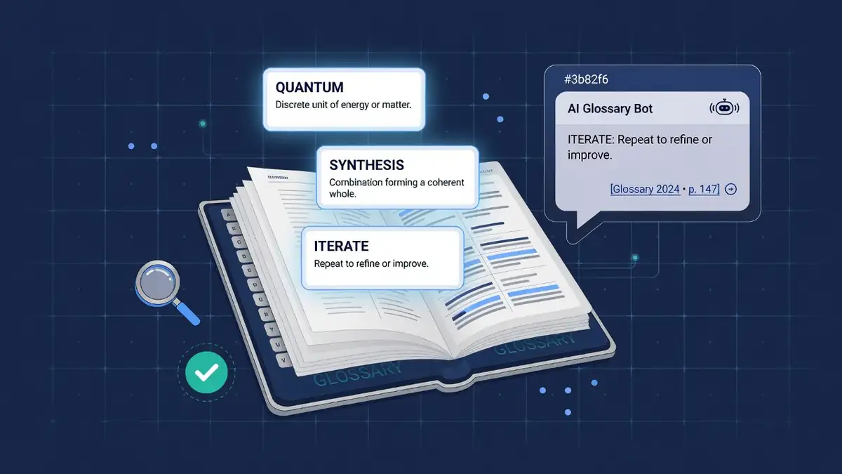 Open glossary book with floating definition cards beside an AI answer panel quoting one definition with a citation