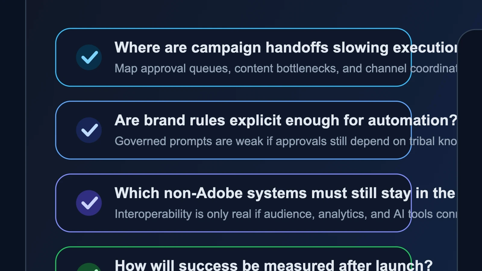 Site-owned editorial checklist for auditing governance, interoperability, review cycles, and measurement before adopting an agentic campaign workflow.
