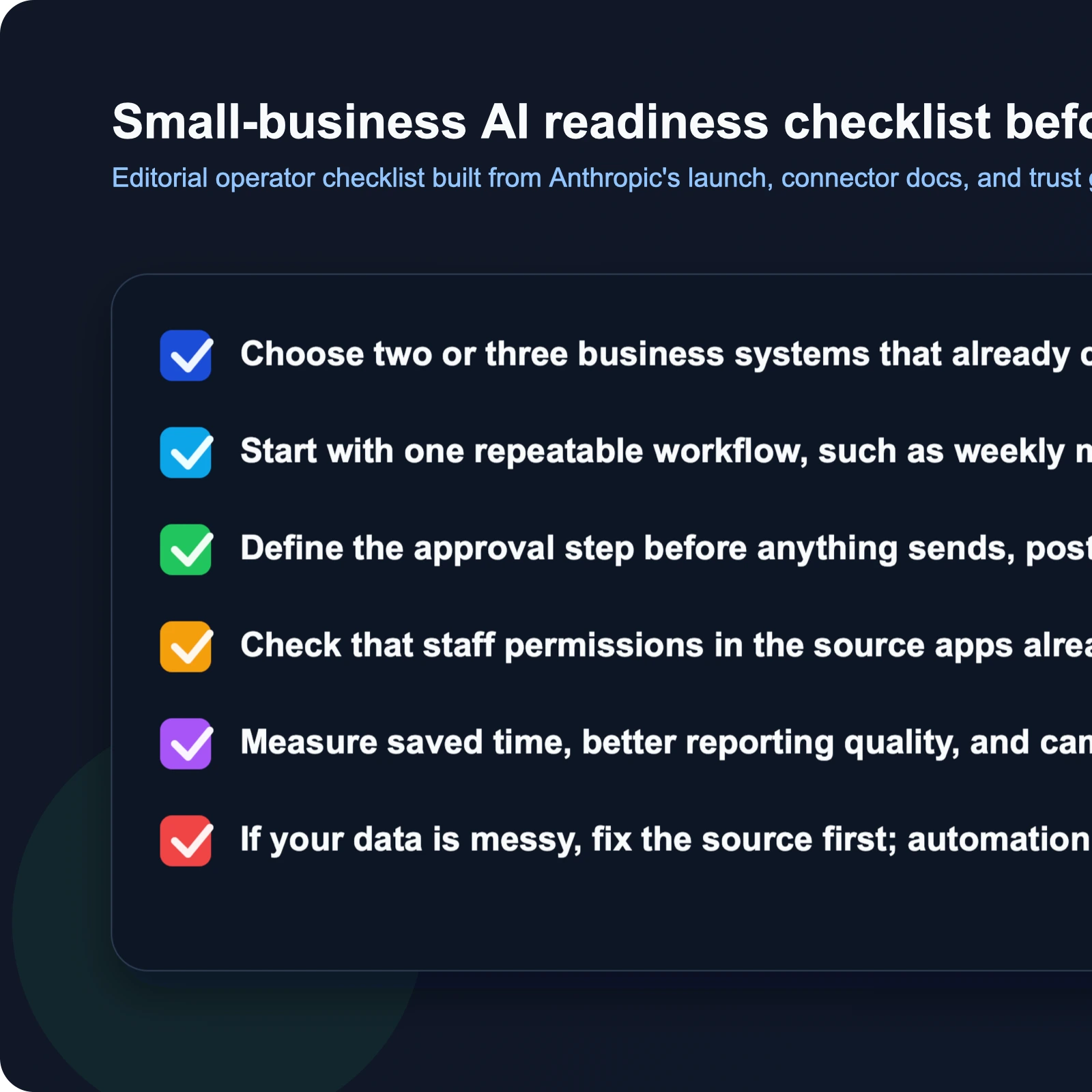 Editorial checklist for deciding whether a small business is ready to use Claude connectors and ready-to-run workflows safely.