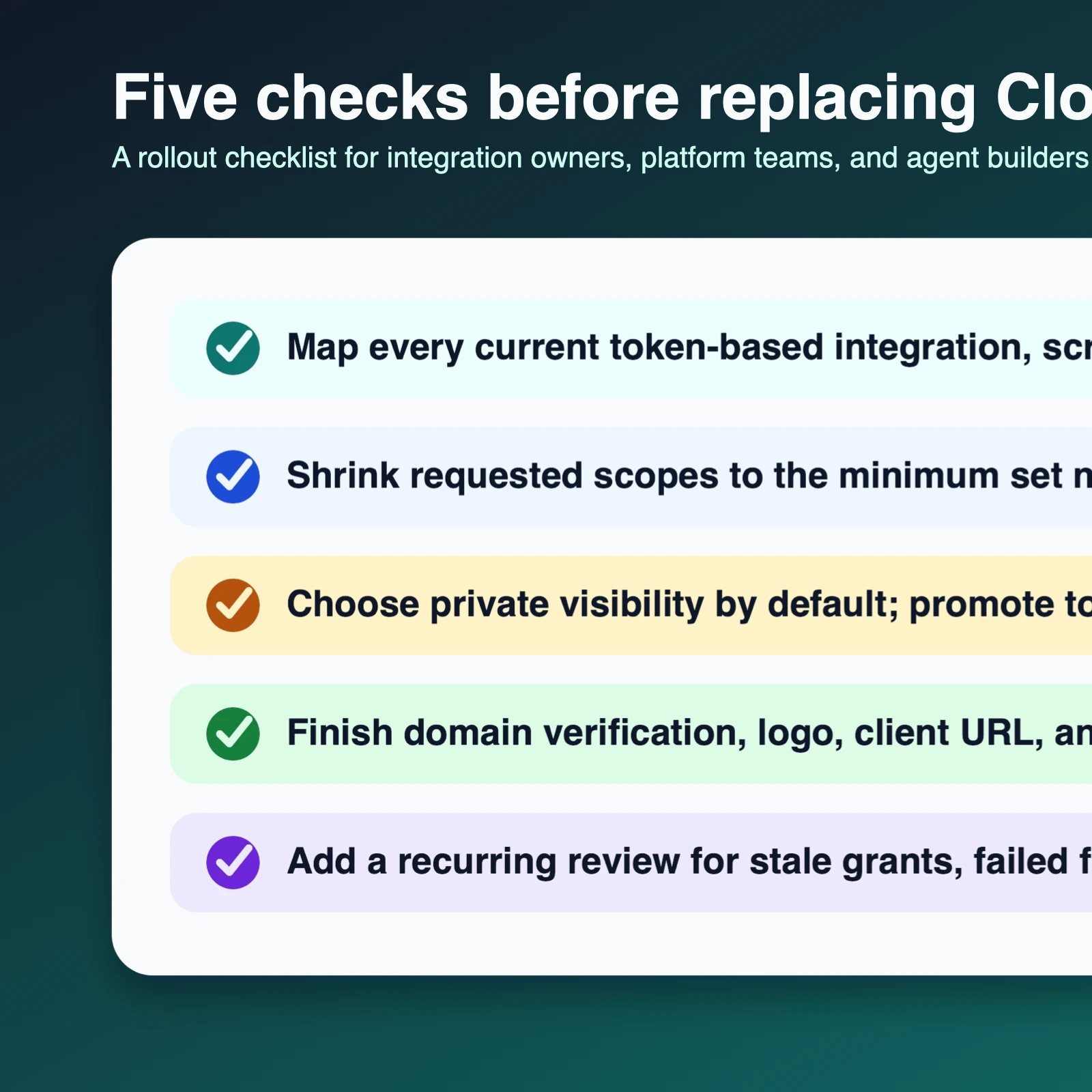 Checklist-style editorial visual summarizing token inventory, scope reduction, private versus public client choice, domain verification, and revocation review for Cloudflare OAuth rollouts.