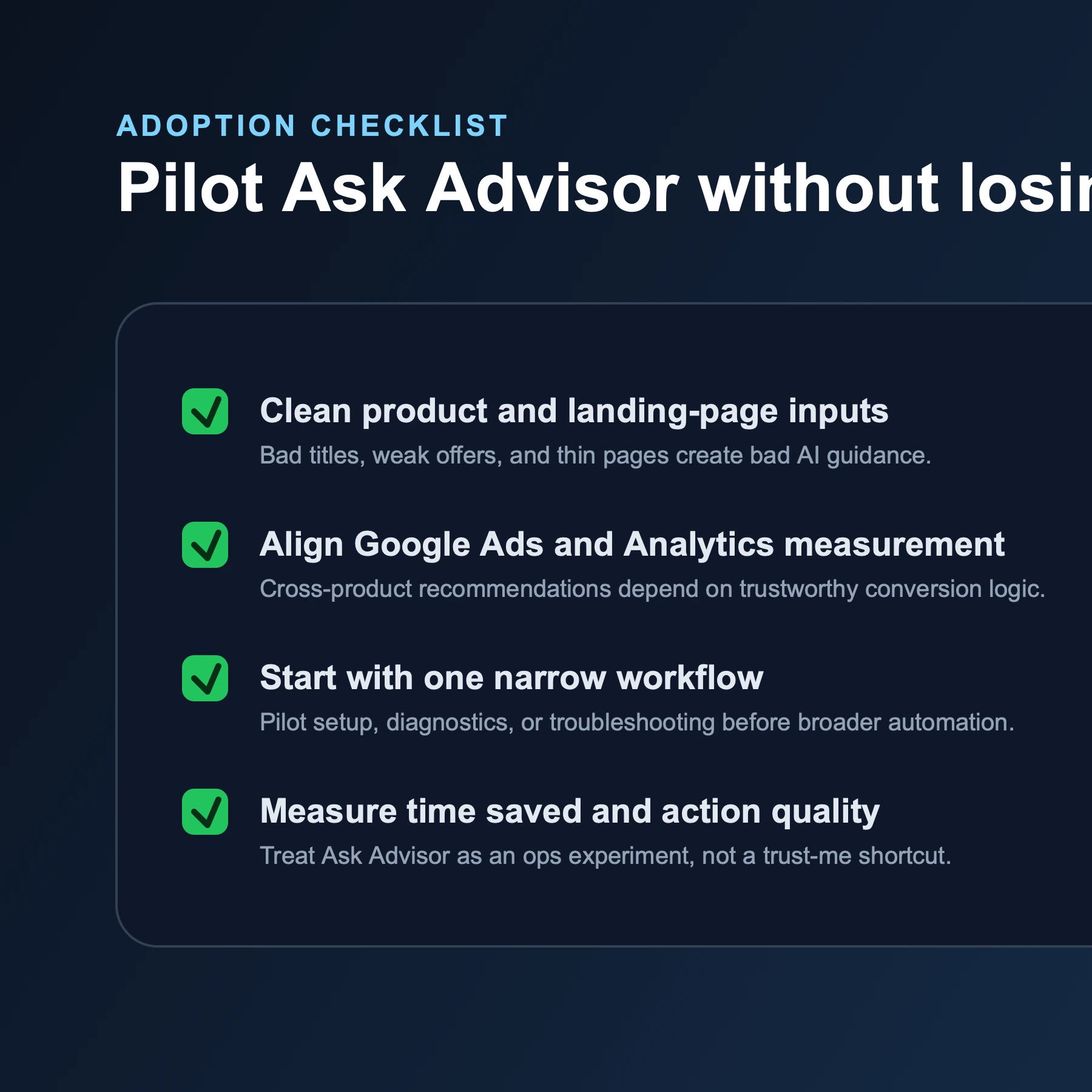 Editorial checklist graphic for evaluating Google Ask Advisor adoption in campaign operations.