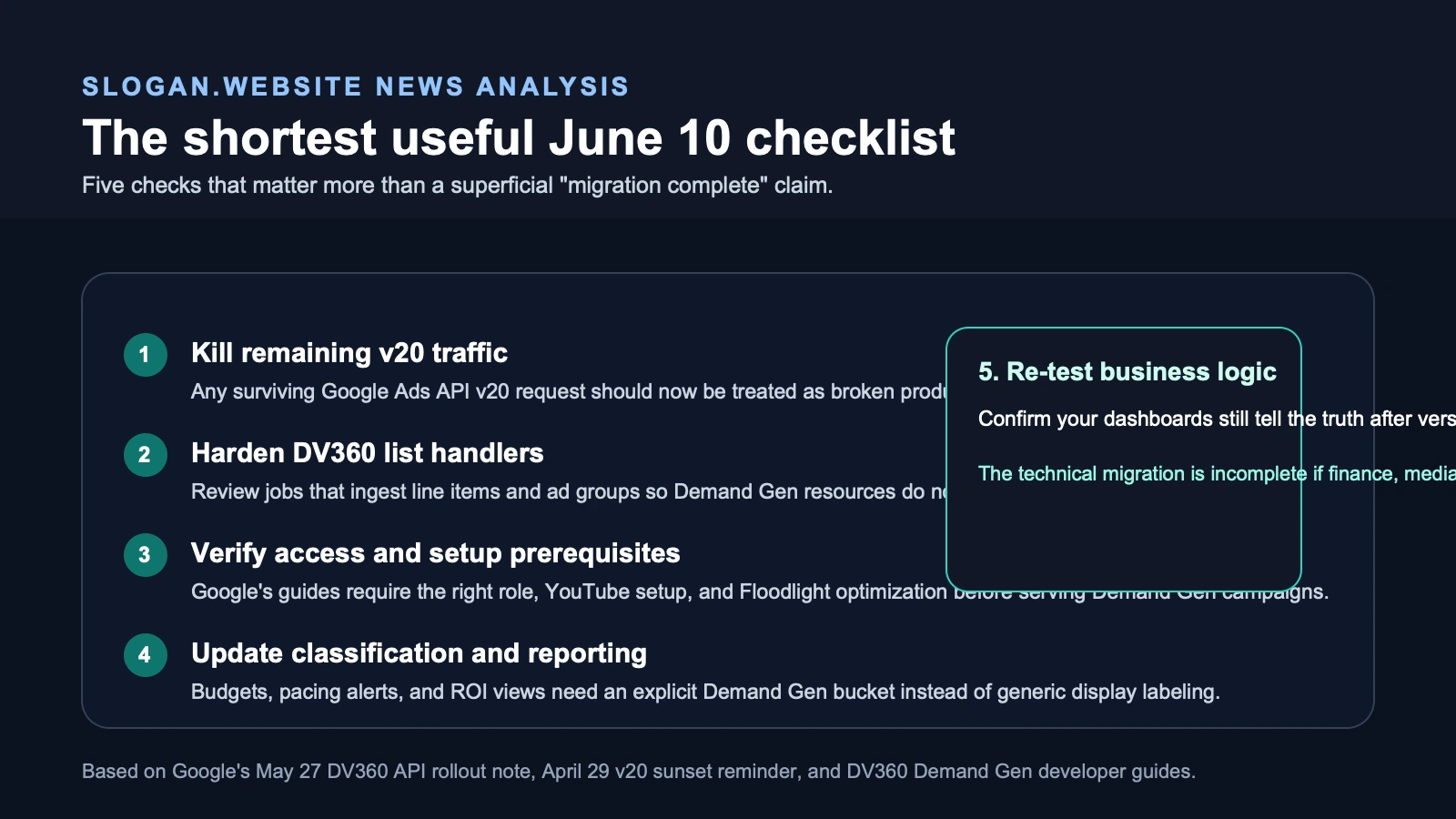 Checklist visual summarizing the most important June 10, 2026 response steps for DV360 Demand Gen and Google Ads API migration teams.