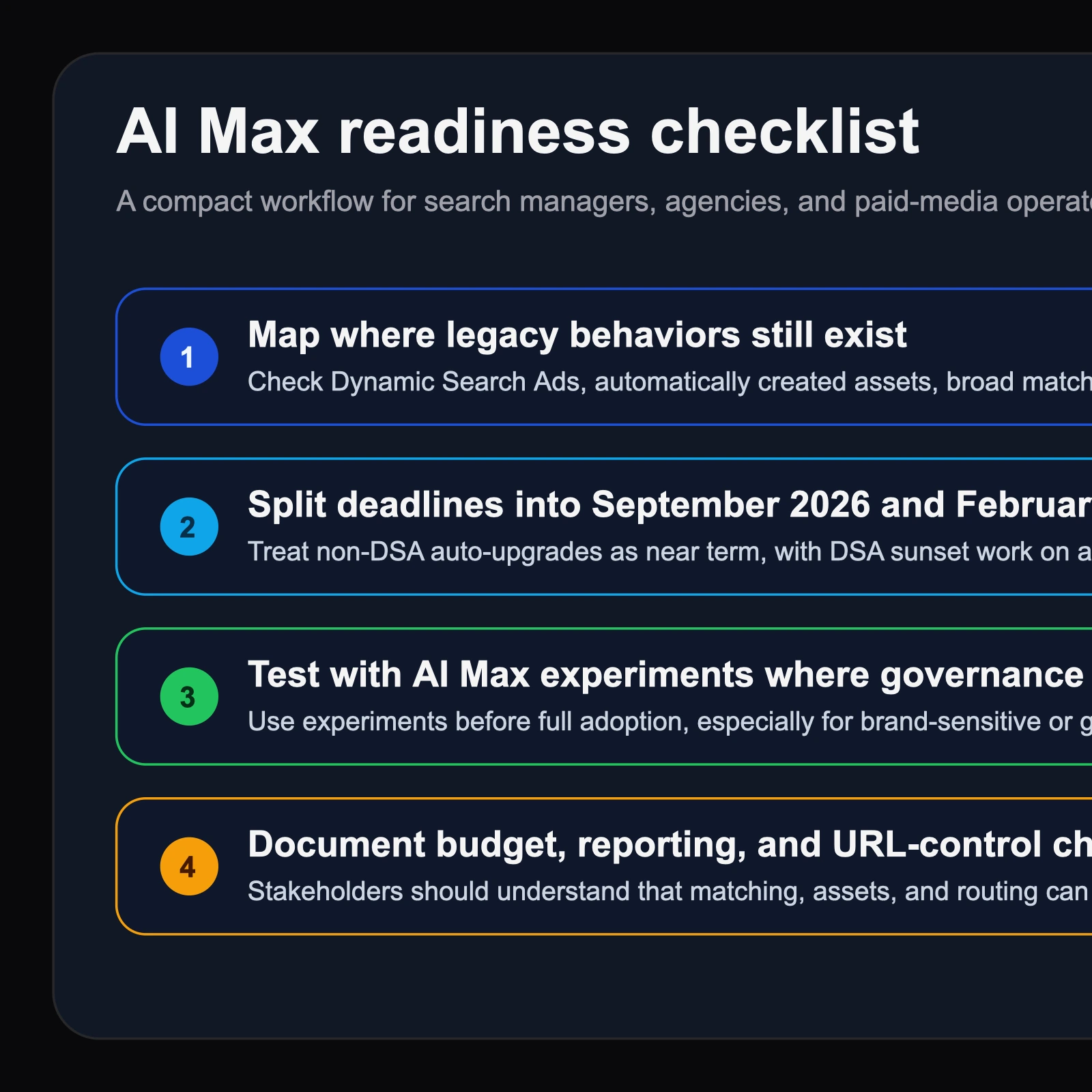 Site-owned editorial checklist for search teams covering account inventory, DSA review, experiment setup, control mapping, and budget documentation before AI Max migration deadlines.