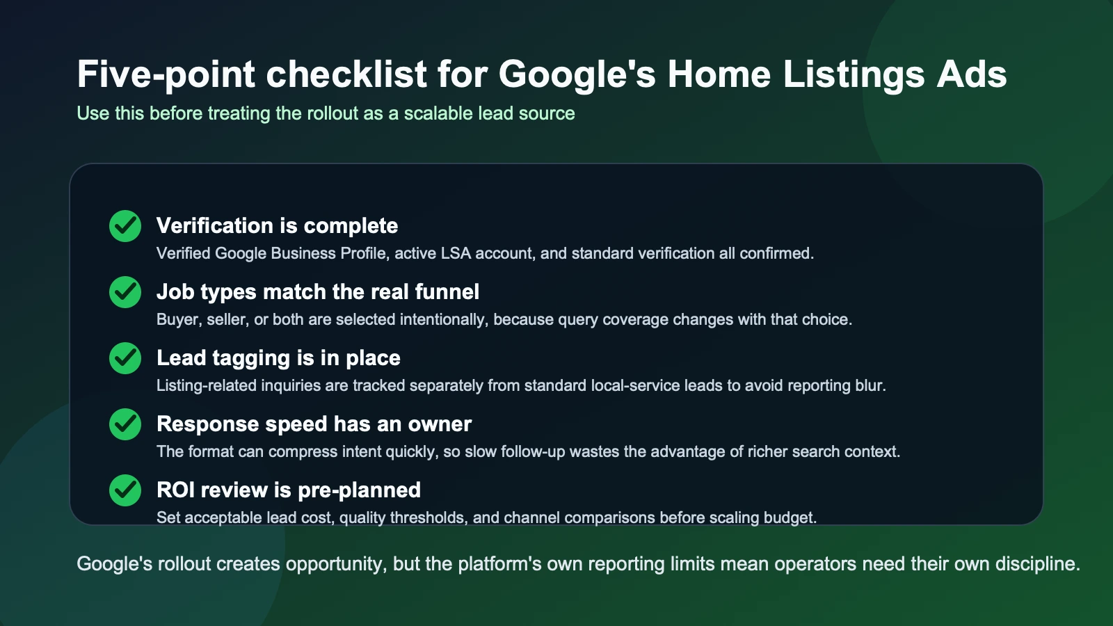 Site-owned editorial checklist for testing Google's Home Listings Ads rollout, covering verification, job types, lead tagging, response speed, and measurement controls.