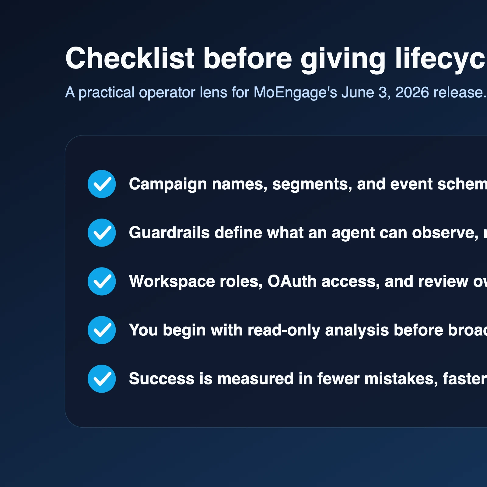 Site-owned checklist visual for CRM teams evaluating MoEngage custom agents, guardrails, workspace access, and measurement.