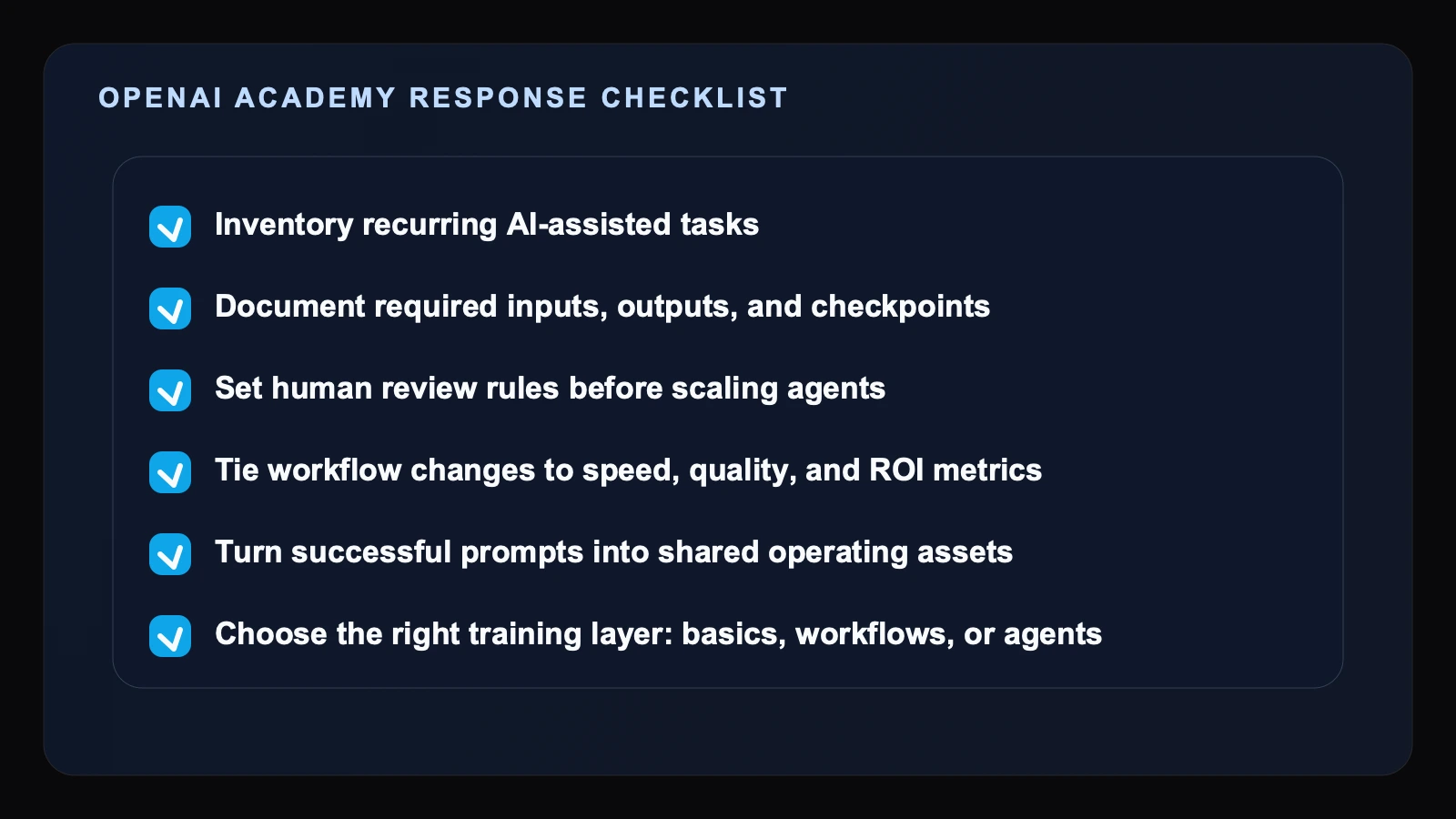Checklist-style editorial visual summarizing the most important next steps after OpenAI launched Academy courses for AI foundations, workflows, and agent supervision.