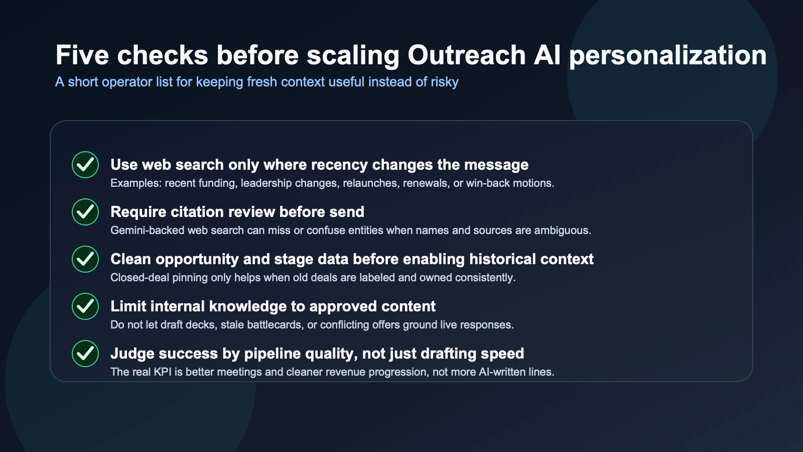 Site-owned editorial checklist summarizing how to deploy Outreach web search and closed-deal personalization with source review, clean opportunity data, and performance measurement.