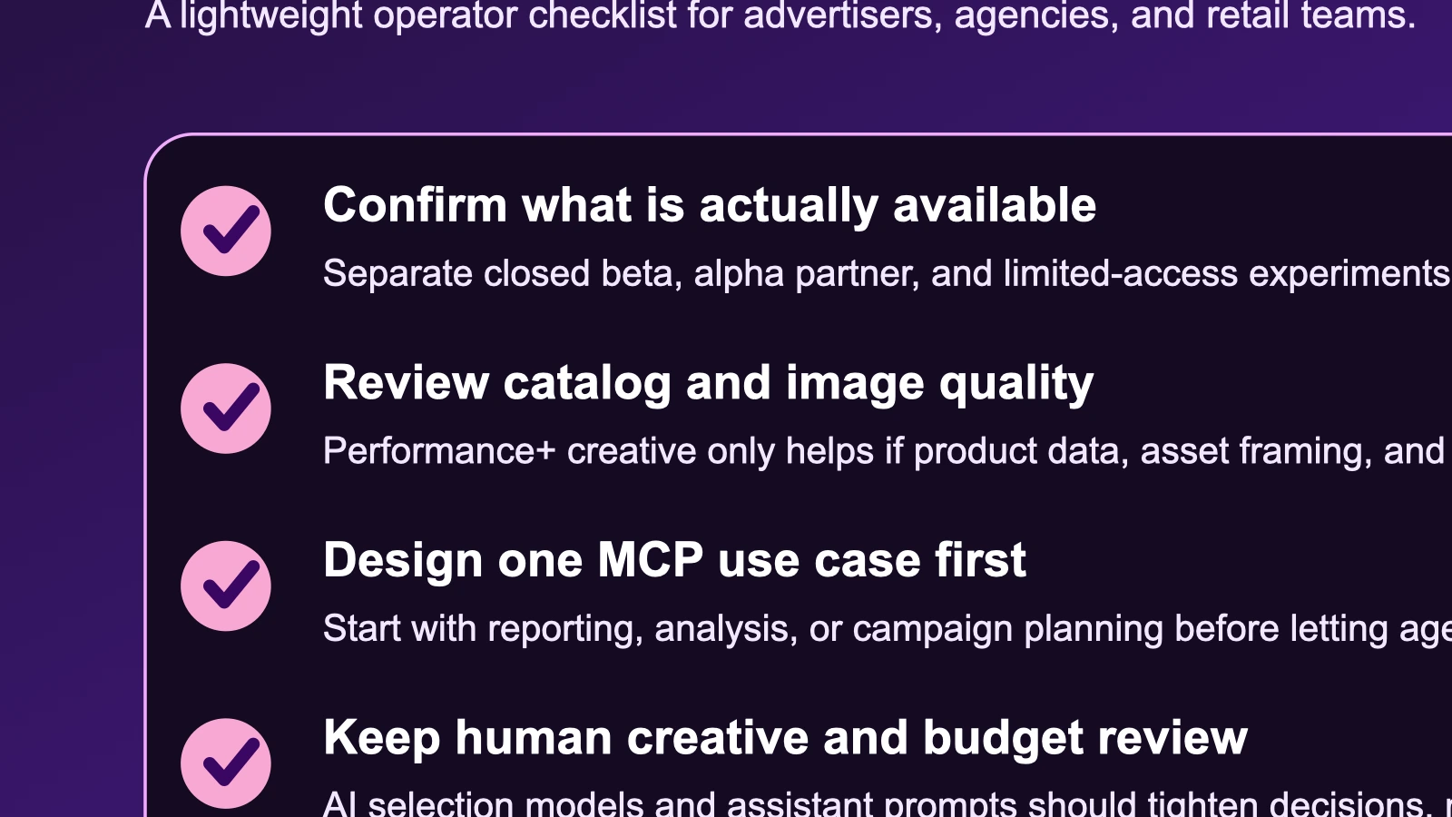 Checklist visual covering Pinterest beta access, catalog readiness, MCP workflow design, creative review, and measurement guardrails after the June 17, 2026 announcement.