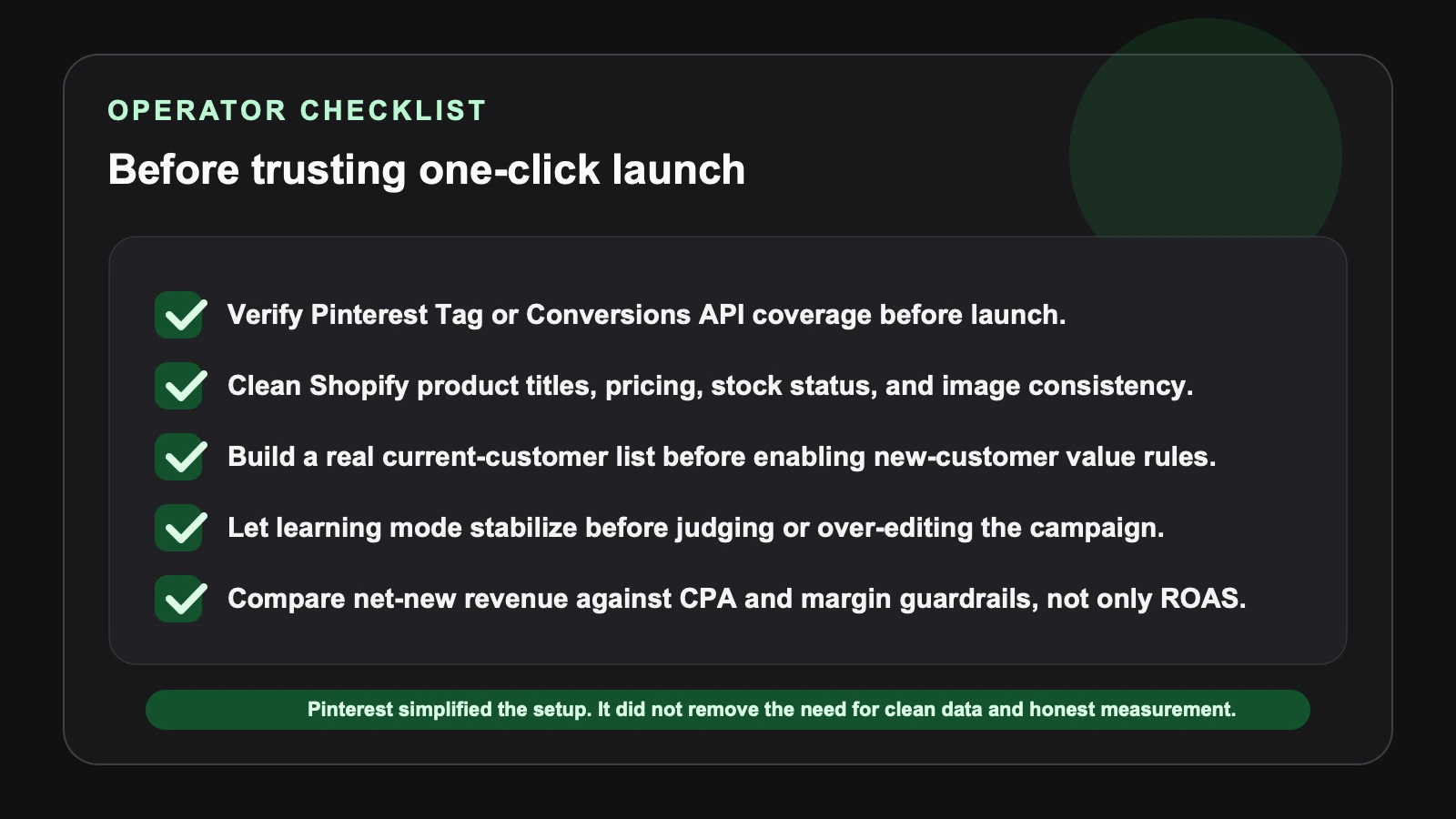 Site-owned editorial checklist covering Shopify feed quality, customer lists, conversion tracking, creative refresh planning, and budget guardrails for Pinterest Performance+.