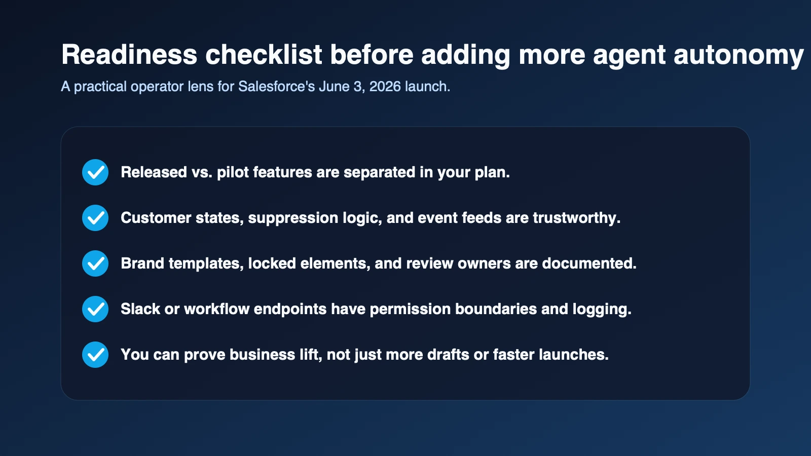 Editorial checklist for operators evaluating Salesforce's agentic marketing model at Connections 2026.