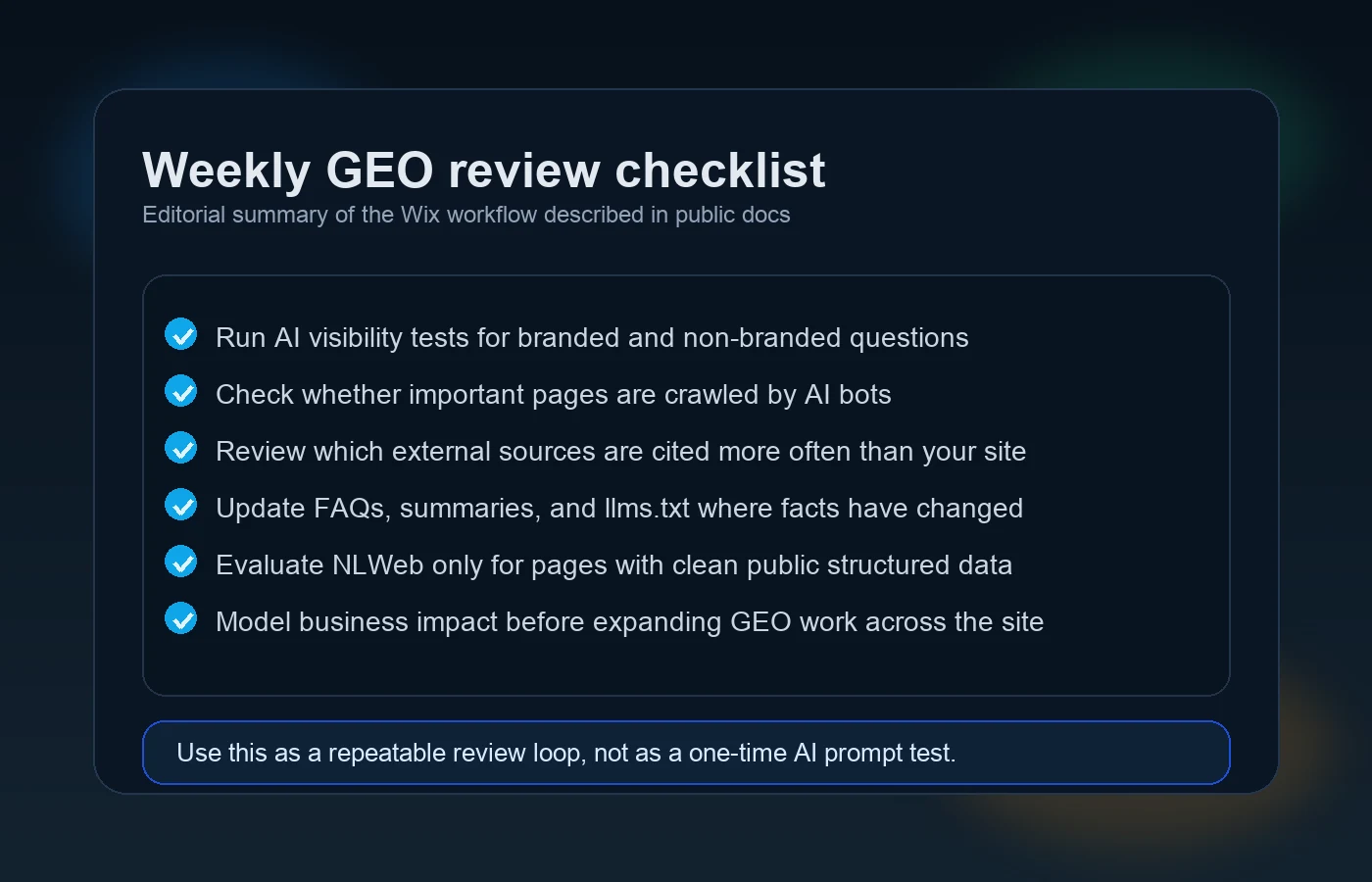 Checklist visual summarizing the first five operational steps for teams testing Wix GEO features, from baseline scoring to llms.txt review and business impact modeling.