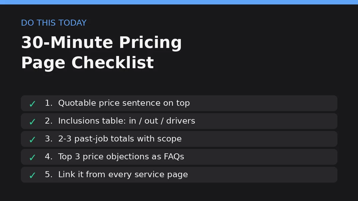 Checklist for a pricing page AI search can quote: ranges, inclusions, drivers, examples, FAQ