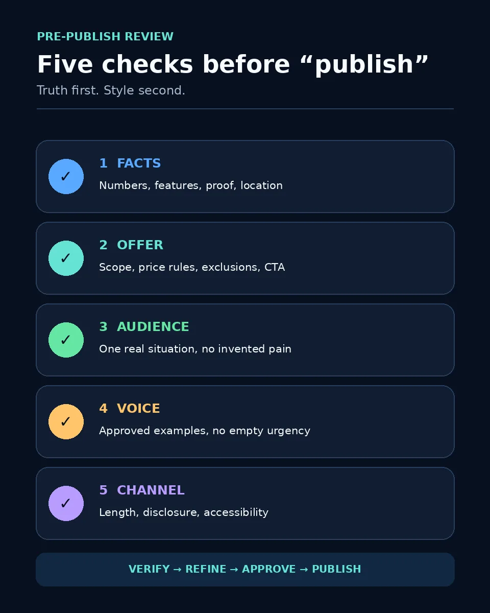 Five-check review for facts, offer, audience, voice, and channel fit before publishing AI-assisted copy