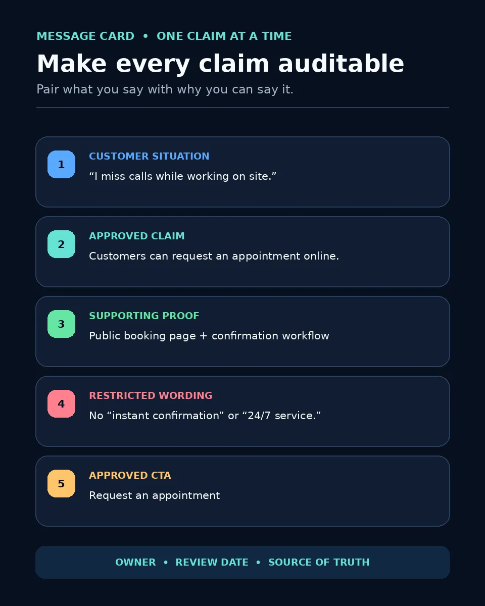Example message card pairing a customer problem, approved claim, supporting proof, and restricted wording