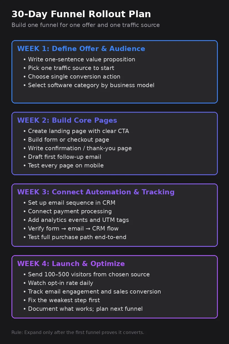 30-day rollout plan for small business sales funnel implementation with weekly milestones