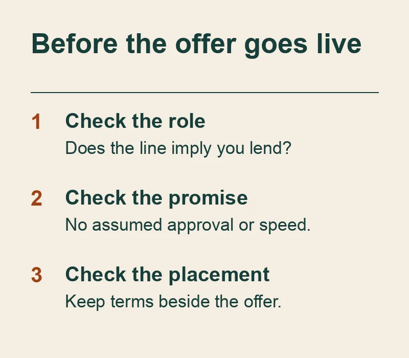 Business lending claim review: confirm your role, remove unsupported approval or speed promises, and keep terms readable beside the offer.