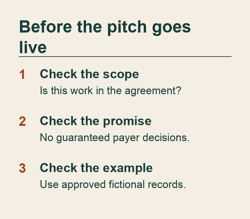Medical billing claim review: verify the service scope, remove unsupported payment guarantees, and use only approved privacy-safe examples.